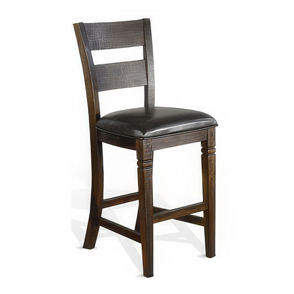 Flint Barstool Chair, Set of 2, Ladderback, Black Vinyl, Dark Brown Mahogany - BM324823