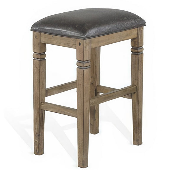 Yael Barstool, Set of 2, Black Faux Leather Cushioned, Taupe MahoganyWood - BM324825