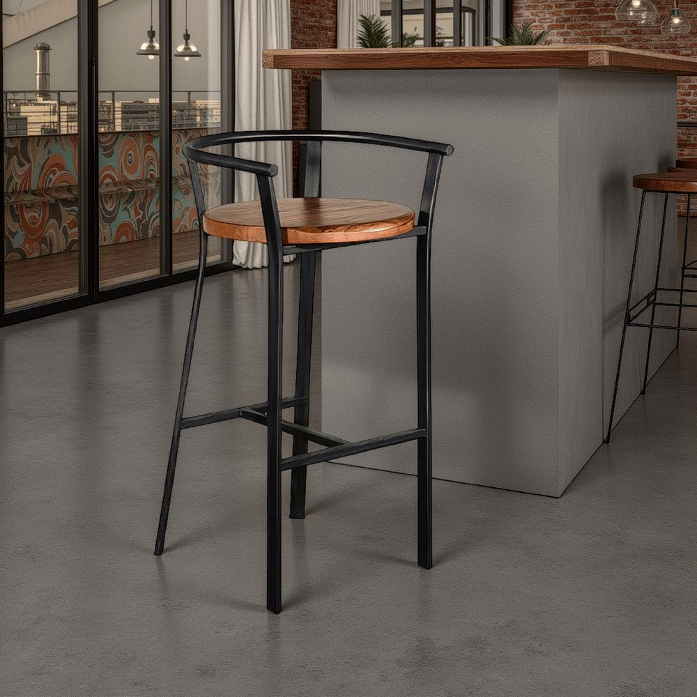 Flint Barstool Chair Set of 2, Round Seat, Dark Brown Mahogany, Black -BM324869