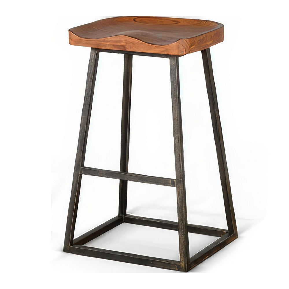 Marv Barstool Set of 2, Brown Contoured Mahogany Wood, Black Metal -BM324870