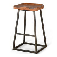 Marv Barstool Set of 2, Brown Contoured Mahogany Wood, Black Metal -BM324870
