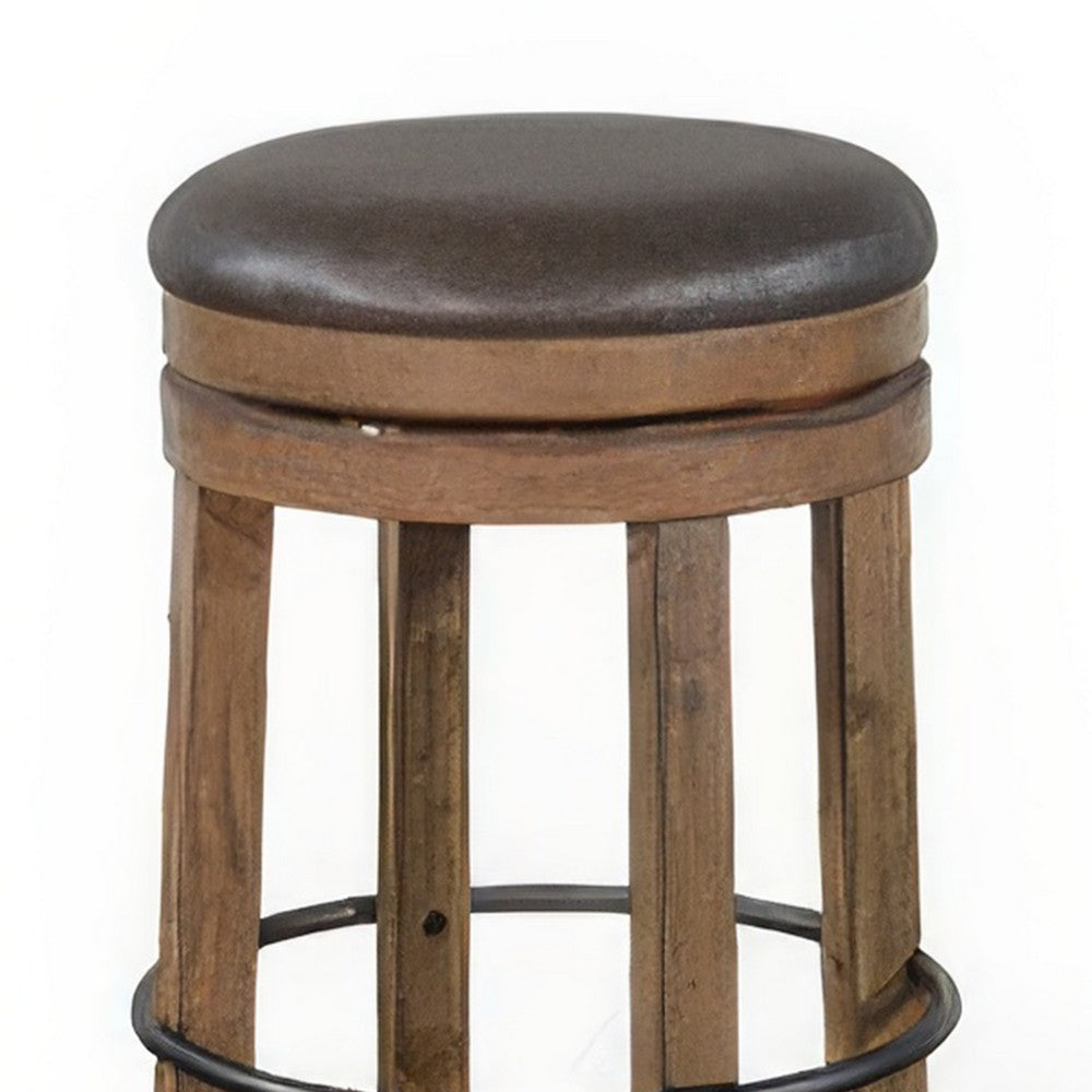 Yael Swivel Backless Barstool Set of 2, Gray Faux Leather, Brown Wood -BM324872