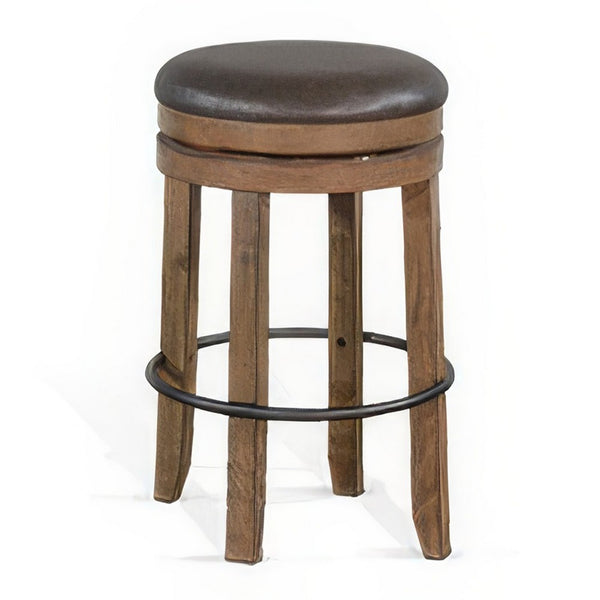 Yael Swivel Backless Barstool Set of 2, Gray Faux Leather, Brown Wood -BM324872