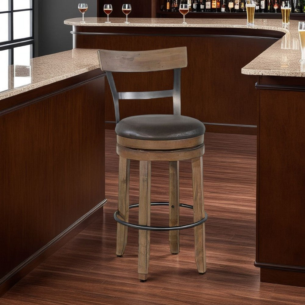 Yael Swivel Barstool Chair Set of 2, Gray Faux Leather, Brown, Black - BM324874