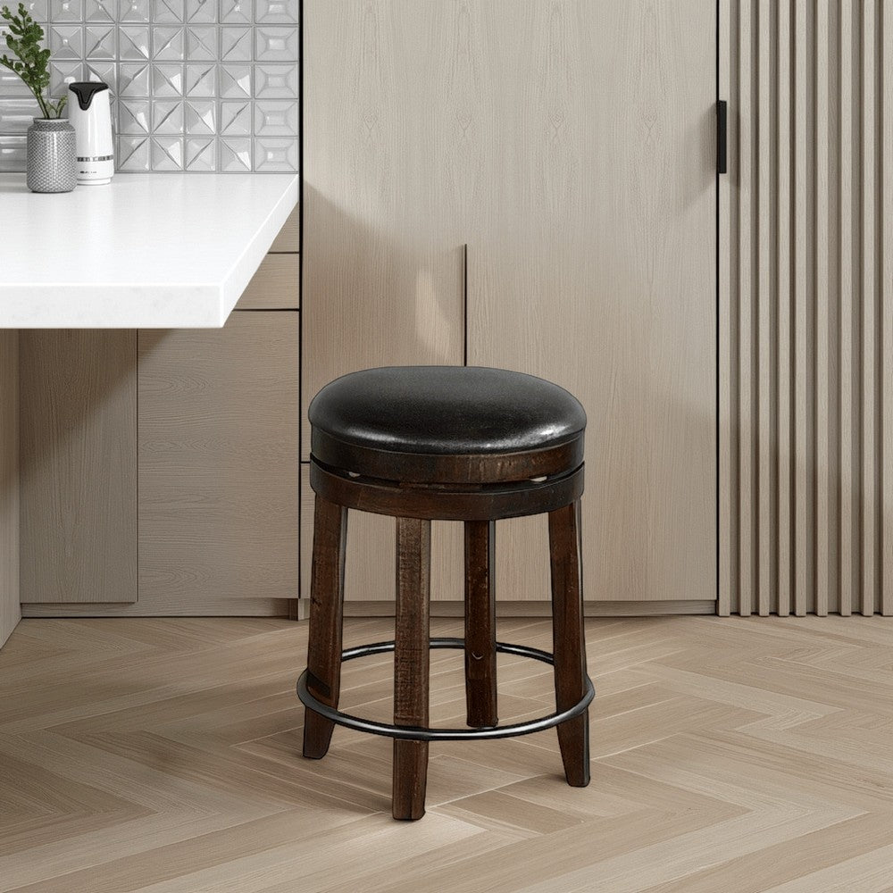 Flint Swivel Counter Stool Set of 2, Black Faux Leather, Dark Brown -BM324879
