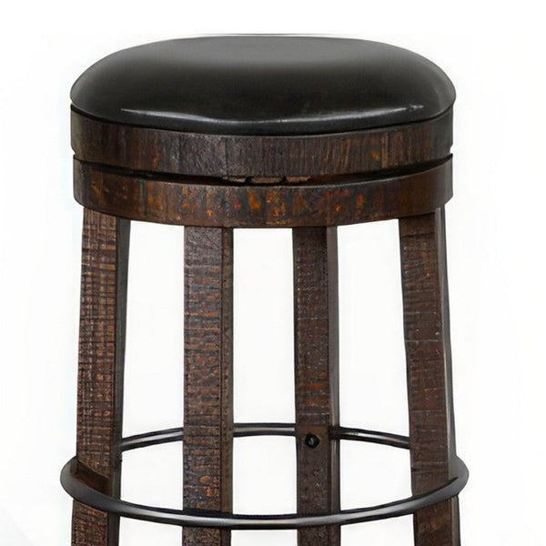 Flint Swivel Barstool Set of 2, Black Faux Leather, Dark Brown Wood -BM324880