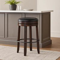 Flint Swivel Barstool Set of 2, Black Faux Leather, Dark Brown Wood -BM324880