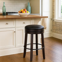 Flint Swivel Barstool Set of 2, Black Faux Leather, Dark Brown Wood -BM324880