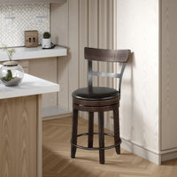 Flint Swivel Counter Stool Chair Set of 2, Black Faux Leather, Brown -BM324881