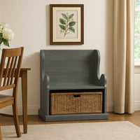 Eulie Hall Foyer Bench Seat w Rattan Basket, Rustic Blue Mahogany Wood -BM324906
