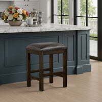 Flint Counter Stool, Faux Leather Seat, 24 Inch High, Dark Brown Wood -BM324913