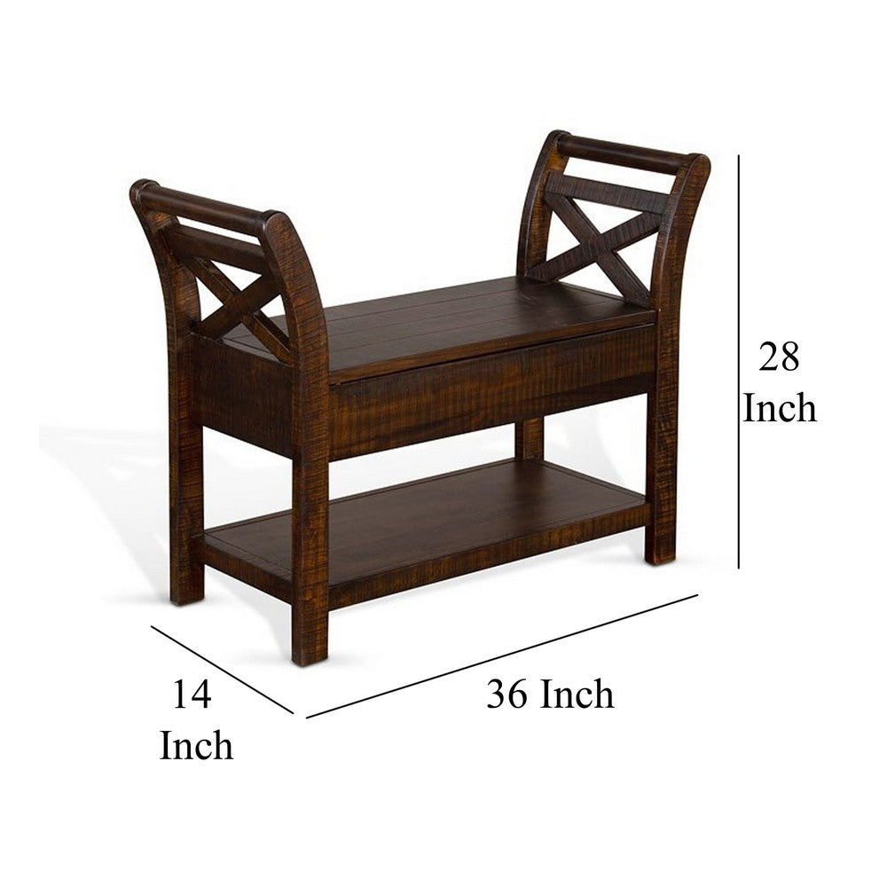 Flint 36 Inch Accent Bench with X-Panel, Storage, Dark Brown Mahogany -BM324918