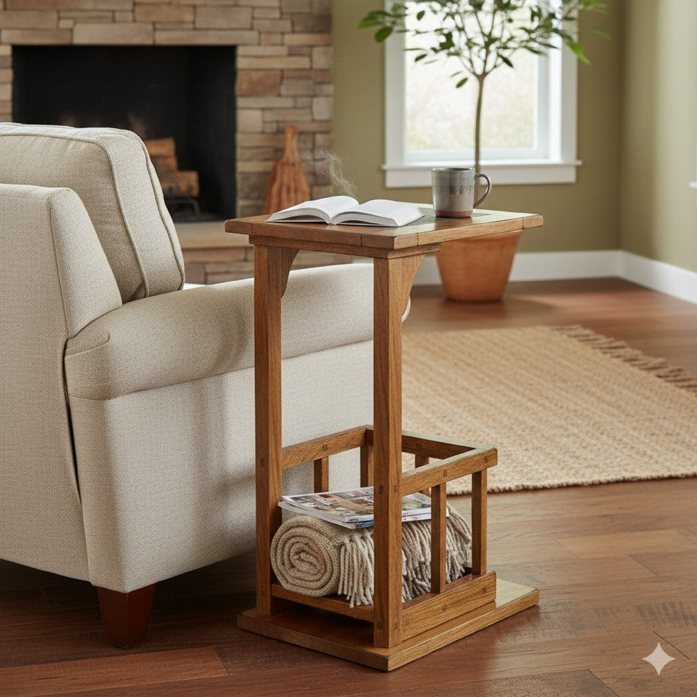 Marv Side Table with Magazine Rack, 13 Inch, Rustic Oak Finish Wood -BM324921