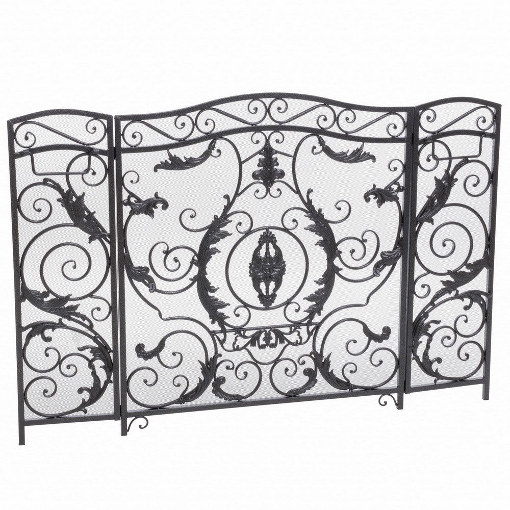 Fireplace Screen, Scrollwork Mesh Design, Iron w Black, Silver Finish -BM324925