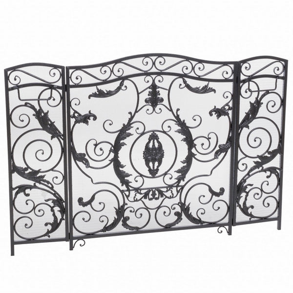 Fireplace Screen, Scrollwork Mesh Design, Iron w Black, Silver Finish -BM324925