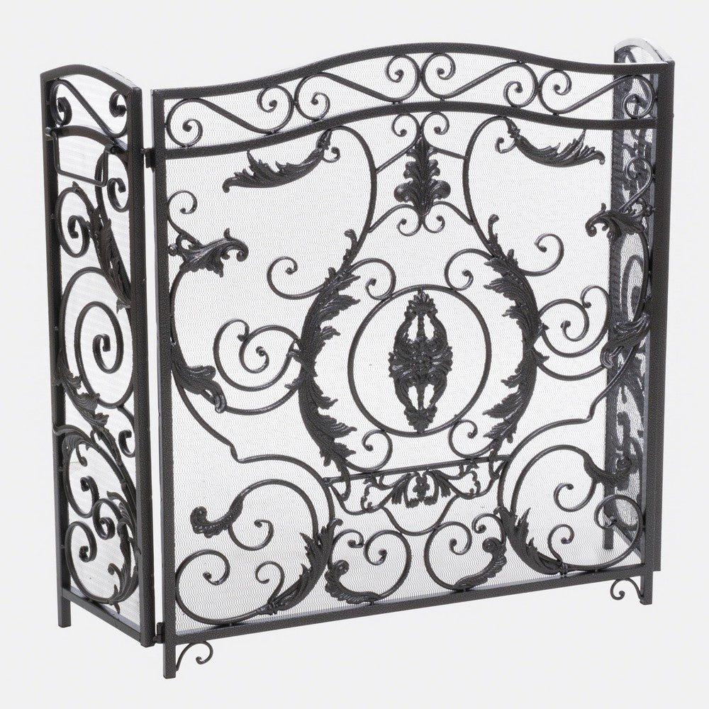 Fireplace Screen, Scrollwork Mesh Design, Iron w Black, Silver Finish -BM324925
