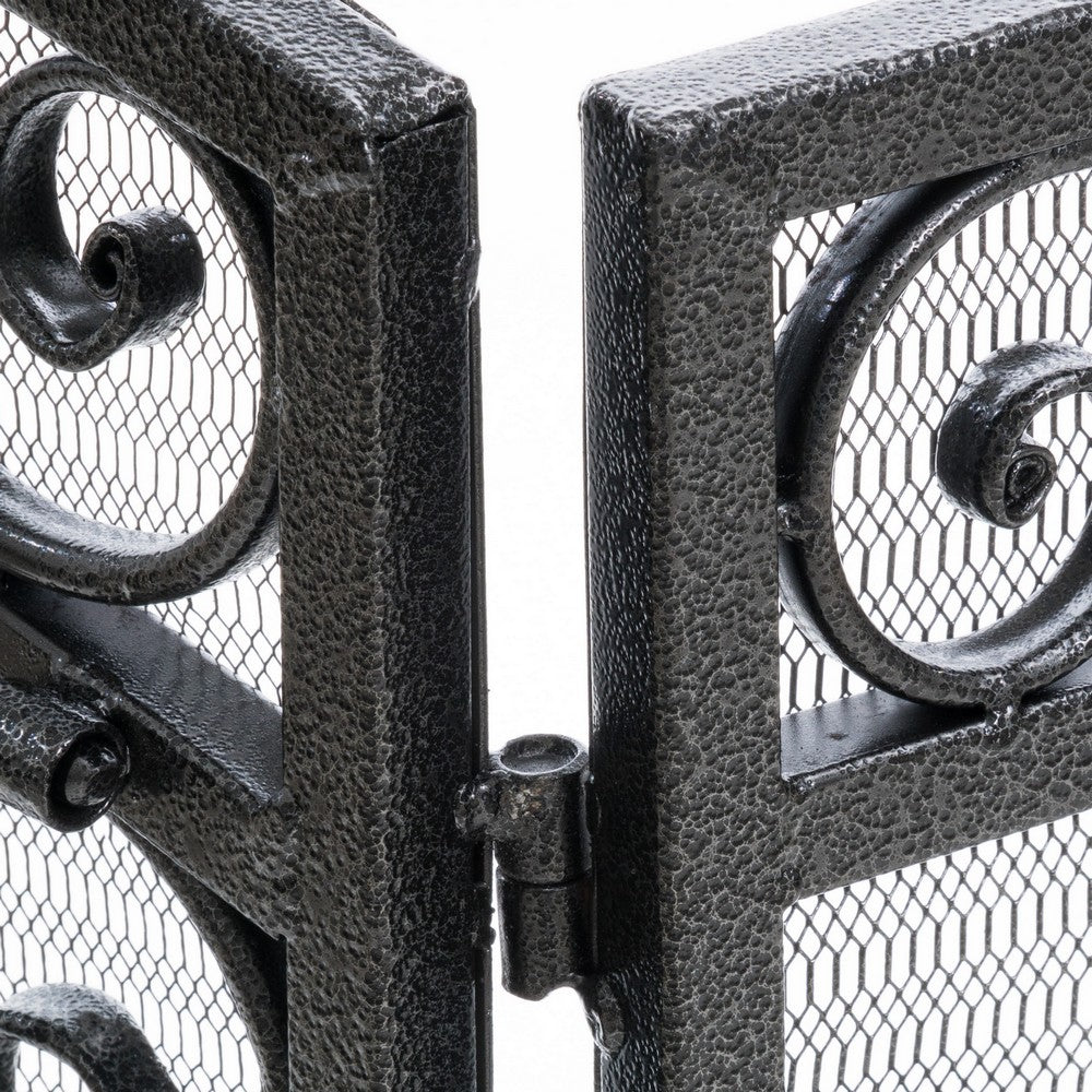 Fireplace Screen, Scrollwork Mesh Design, Iron w Black, Silver Finish -BM324925