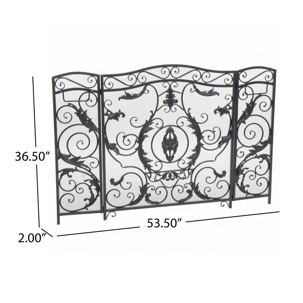 Fireplace Screen, Scrollwork Mesh Design, Iron w Black, Silver Finish -BM324925