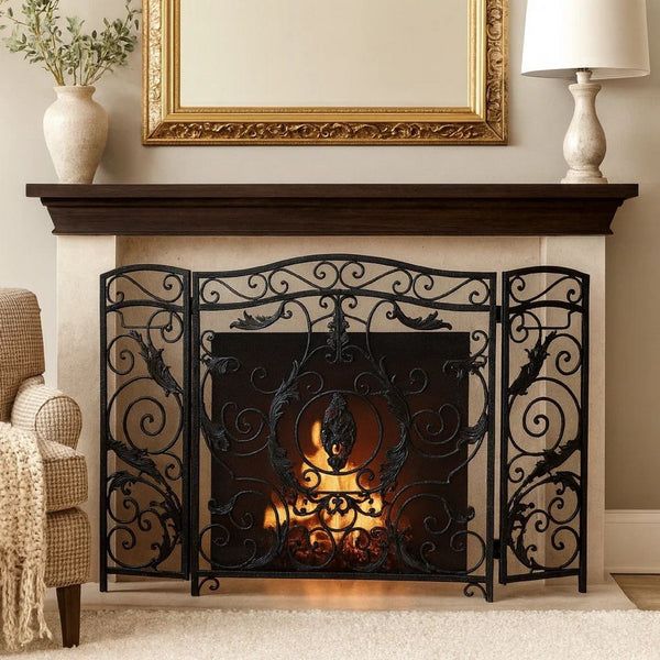 Fireplace Screen, Scrollwork Mesh Design, Iron w Black, Silver Finish -BM324925