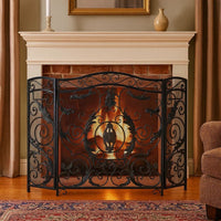 Fireplace Screen, Scrollwork Mesh Design, Iron w Black, Silver Finish -BM324925