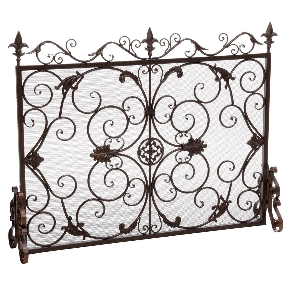 Fireplace Screen, Scrollwork Design, Iron, 45x35 Black, Gold Finish - BM324931
