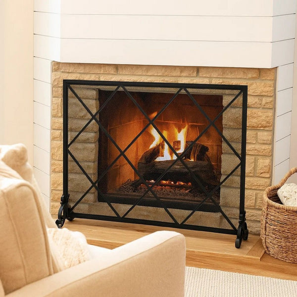 Fireplace Screen, Classic Diamond Shape with Mesh, 41x32 Black Finish -BM324932