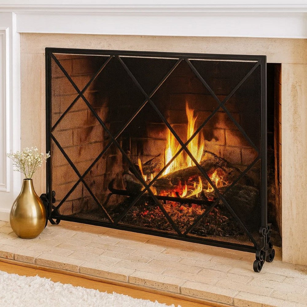 Fireplace Screen, Classic Diamond Shape with Mesh, 41x32 Black Finish -BM324932