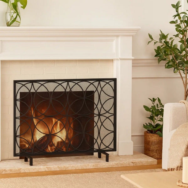 Fireplace Screen, Overlapping Circles w Mesh, 41x31 Matte Black Frame -BM324940