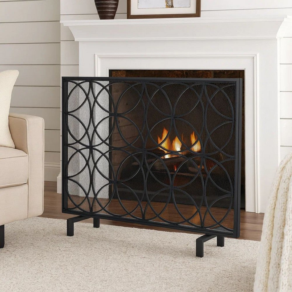Fireplace Screen, Overlapping Circles w Mesh, 41x31 Matte Black Frame -BM324940