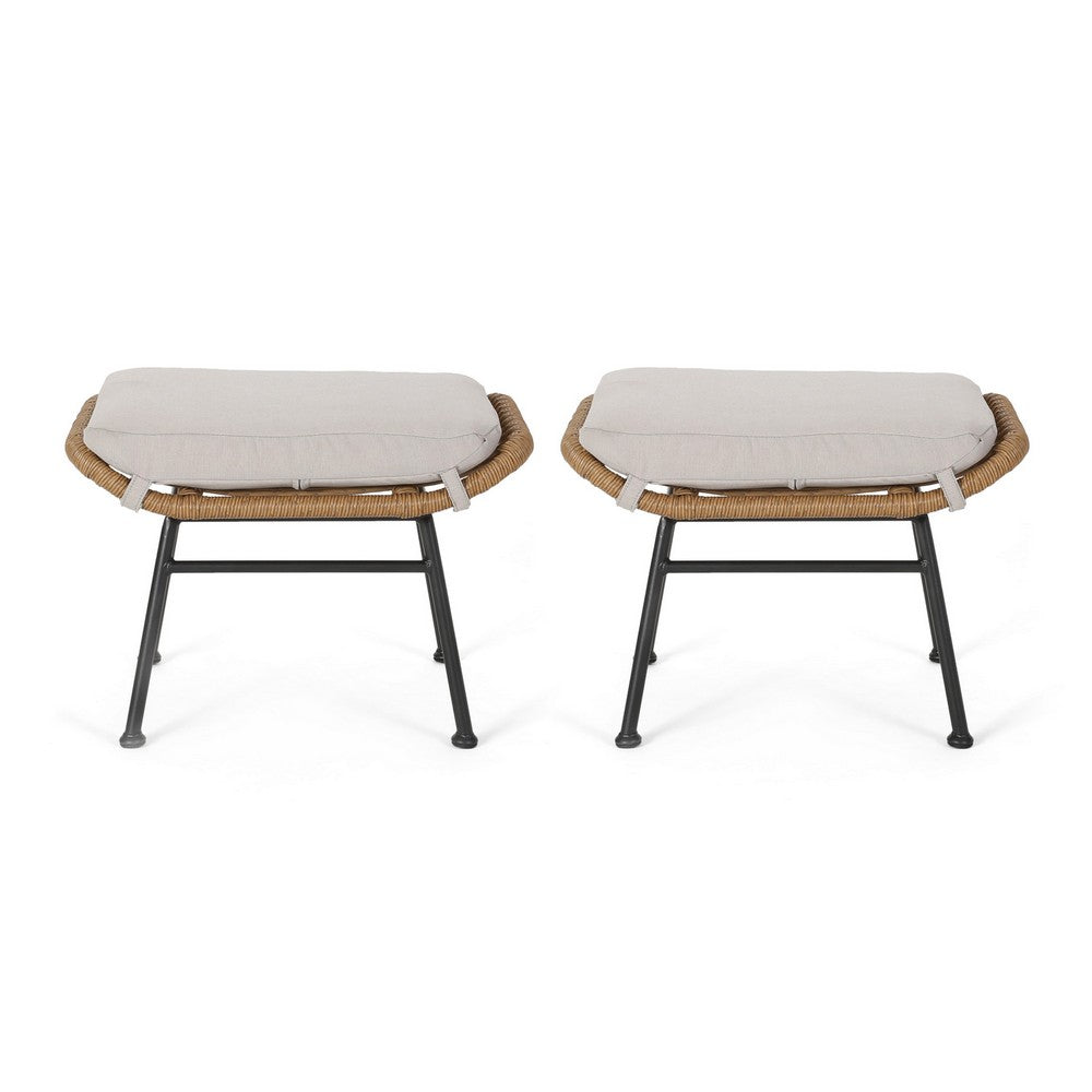 Margo Outdoor Ottoman Set of 2, 24 Inch Black Iron, Brown and Beige -BM324945