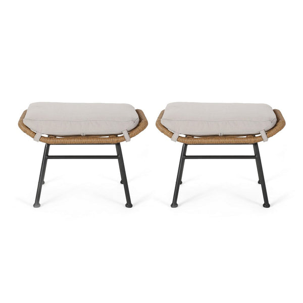 Margo Outdoor Ottoman Set of 2, 24 Inch Black Iron, Brown and Beige -BM324945