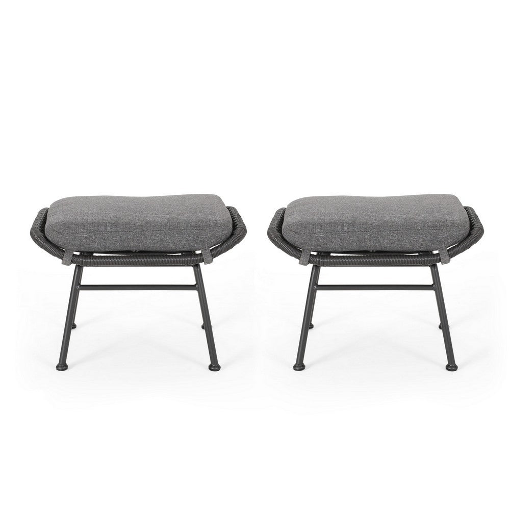 Margo Outdoor Ottoman Set of 2, 24 Inch Black Iron, Gray Cushion -BM324946