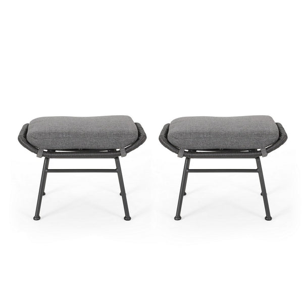 Margo Outdoor Ottoman Set of 2, 24 Inch Black Iron, Gray Cushion -BM324946