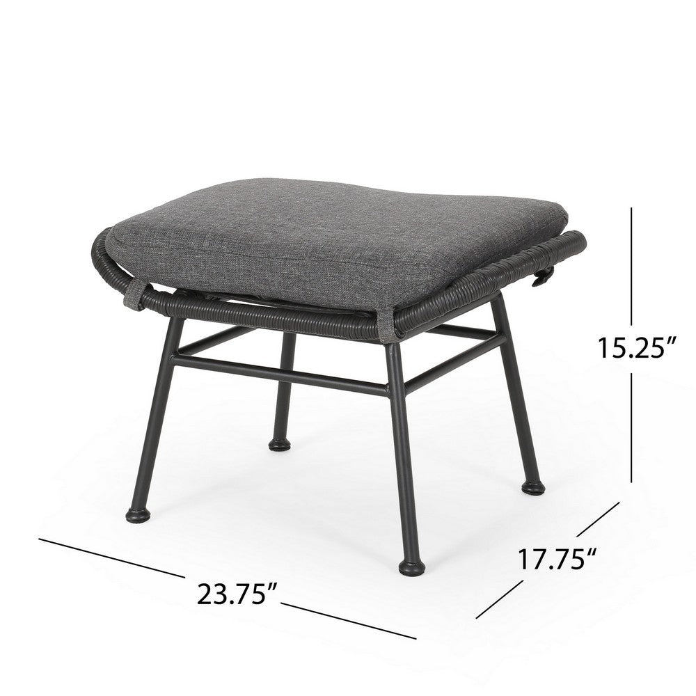 Margo Outdoor Ottoman Set of 2, 24 Inch Black Iron, Gray Cushion -BM324946