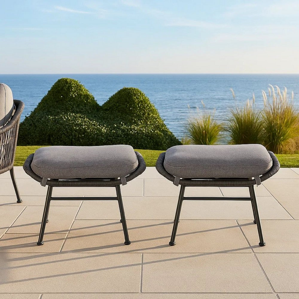 Margo Outdoor Ottoman Set of 2, 24 Inch Black Iron, Gray Cushion -BM324946