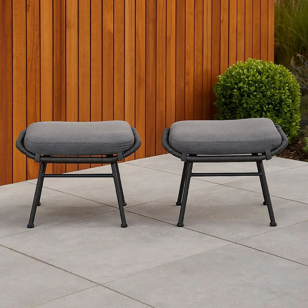 Margo Outdoor Ottoman Set of 2, 24 Inch Black Iron, Gray Cushion -BM324946