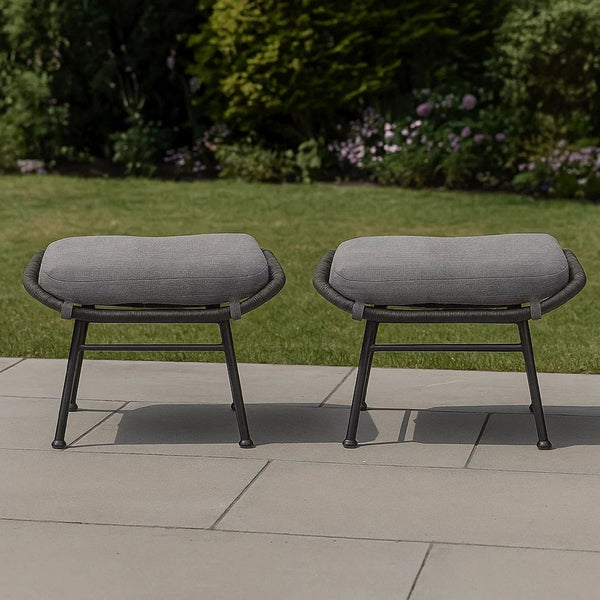 Margo Outdoor Ottoman Set of 2, 24 Inch Black Iron, Gray Cushion -BM324946