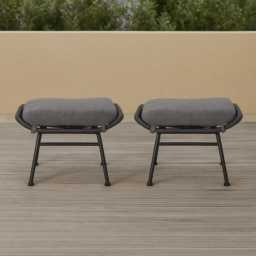 Margo Outdoor Ottoman Set of 2, 24 Inch Black Iron, Gray Cushion -BM324946