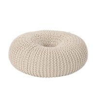 Round Knitted Pouf Ottoman, Handcrafted Details, 25 Inch, Beige Cotton -BM324947
