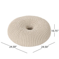 Round Knitted Pouf Ottoman, Handcrafted Details, 25 Inch, Beige Cotton -BM324947