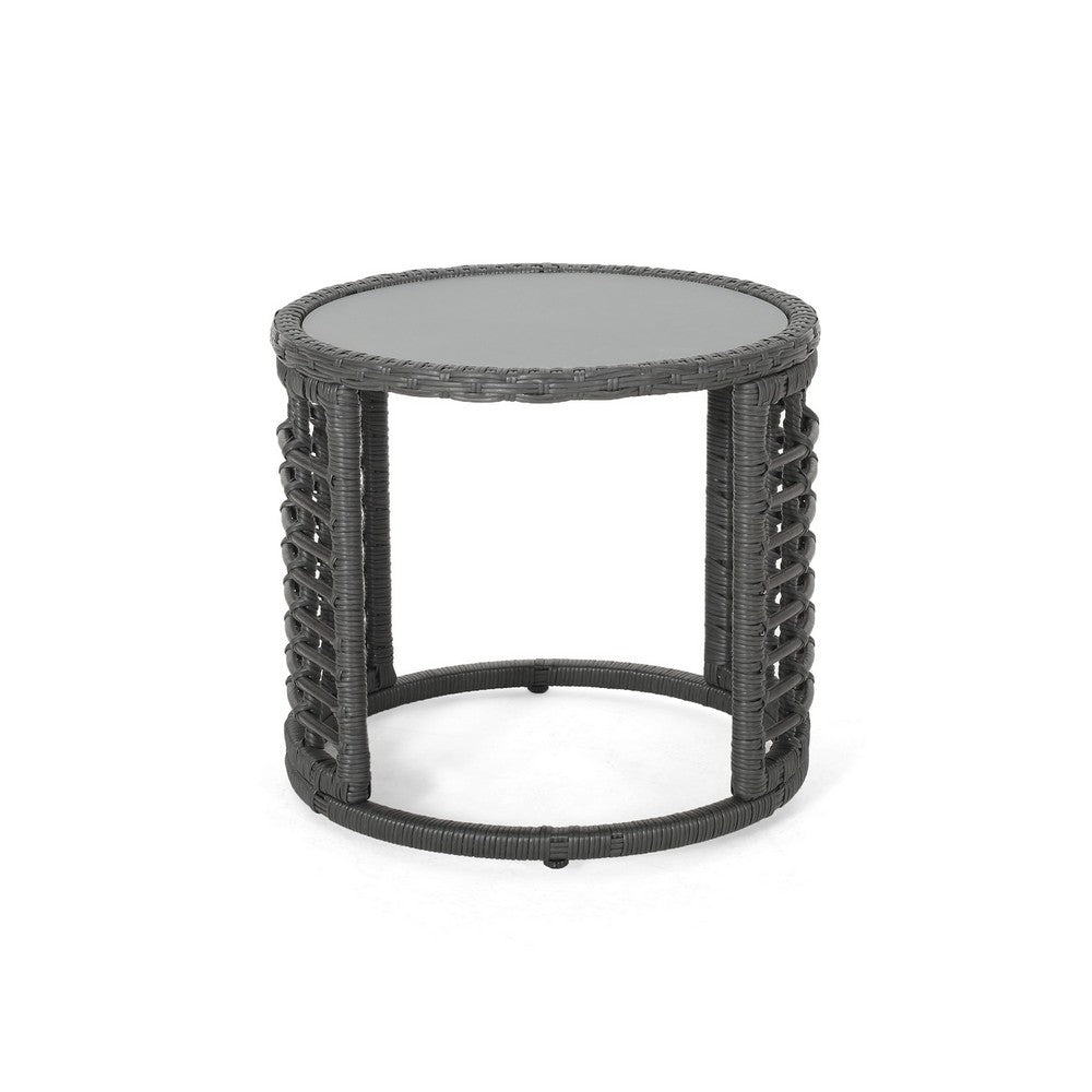 Outdoor Round Side End Table with Woven Accents, 18 Inch, Gray Rattan -BM324948