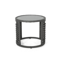 Outdoor Round Side End Table with Woven Accents, 18 Inch, Gray Rattan -BM324948