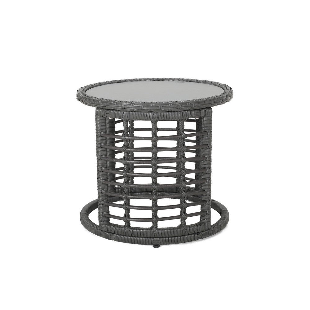 Outdoor Round Side End Table with Woven Accents, 18 Inch, Gray Rattan -BM324948