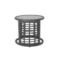 Outdoor Round Side End Table with Woven Accents, 18 Inch, Gray Rattan -BM324948