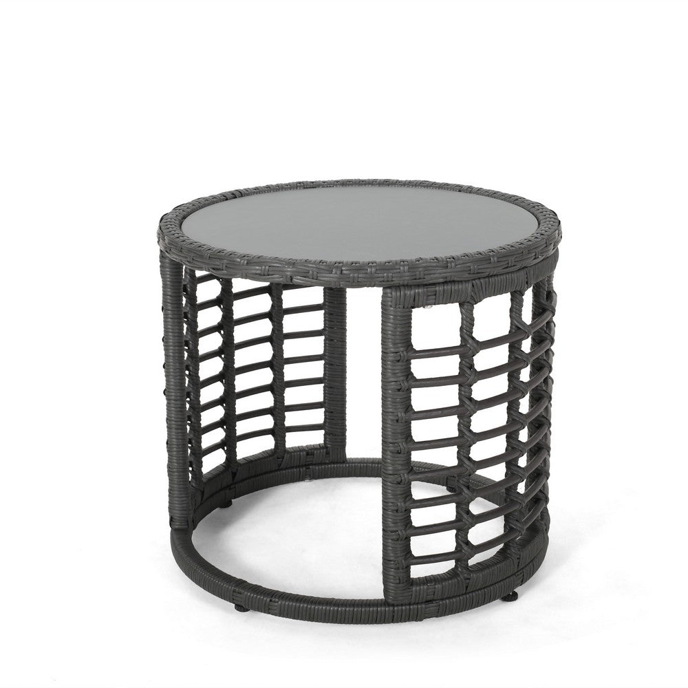 Outdoor Round Side End Table with Woven Accents, 18 Inch, Gray Rattan -BM324948