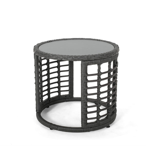 Outdoor Round Side End Table with Woven Accents, 18 Inch, Gray Rattan -BM324948