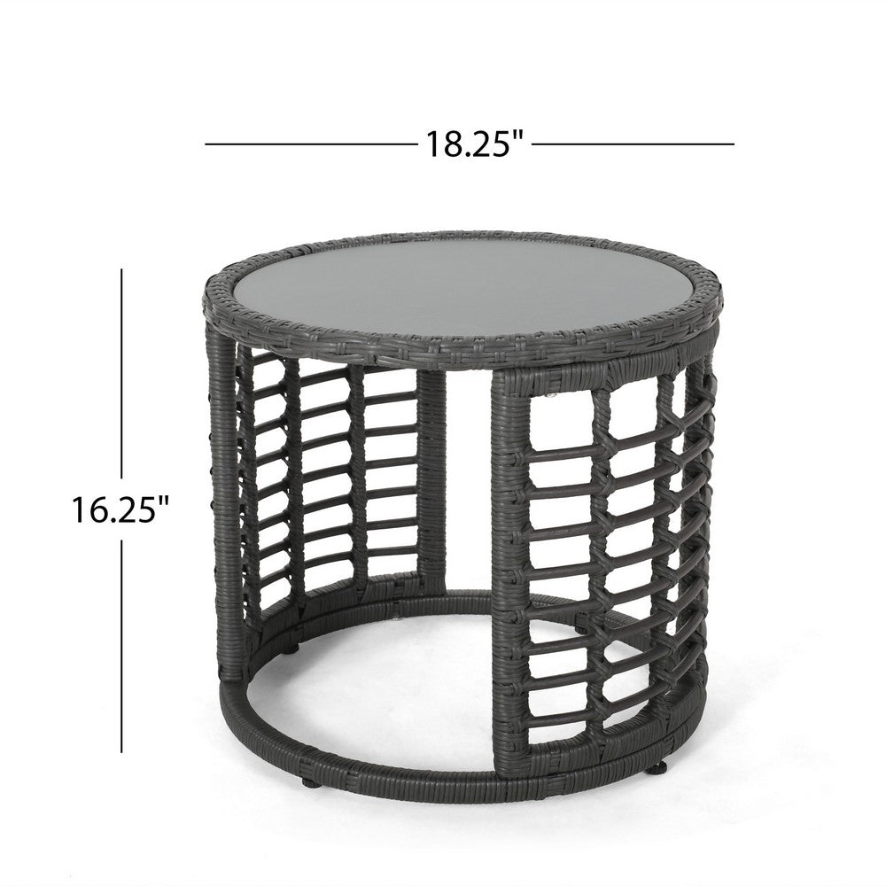 Outdoor Round Side End Table with Woven Accents, 18 Inch, Gray Rattan -BM324948