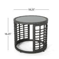 Outdoor Round Side End Table with Woven Accents, 18 Inch, Gray Rattan -BM324948