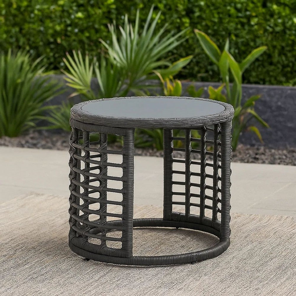Outdoor Round Side End Table with Woven Accents, 18 Inch, Gray Rattan -BM324948