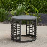 Outdoor Round Side End Table with Woven Accents, 18 Inch, Gray Rattan -BM324948